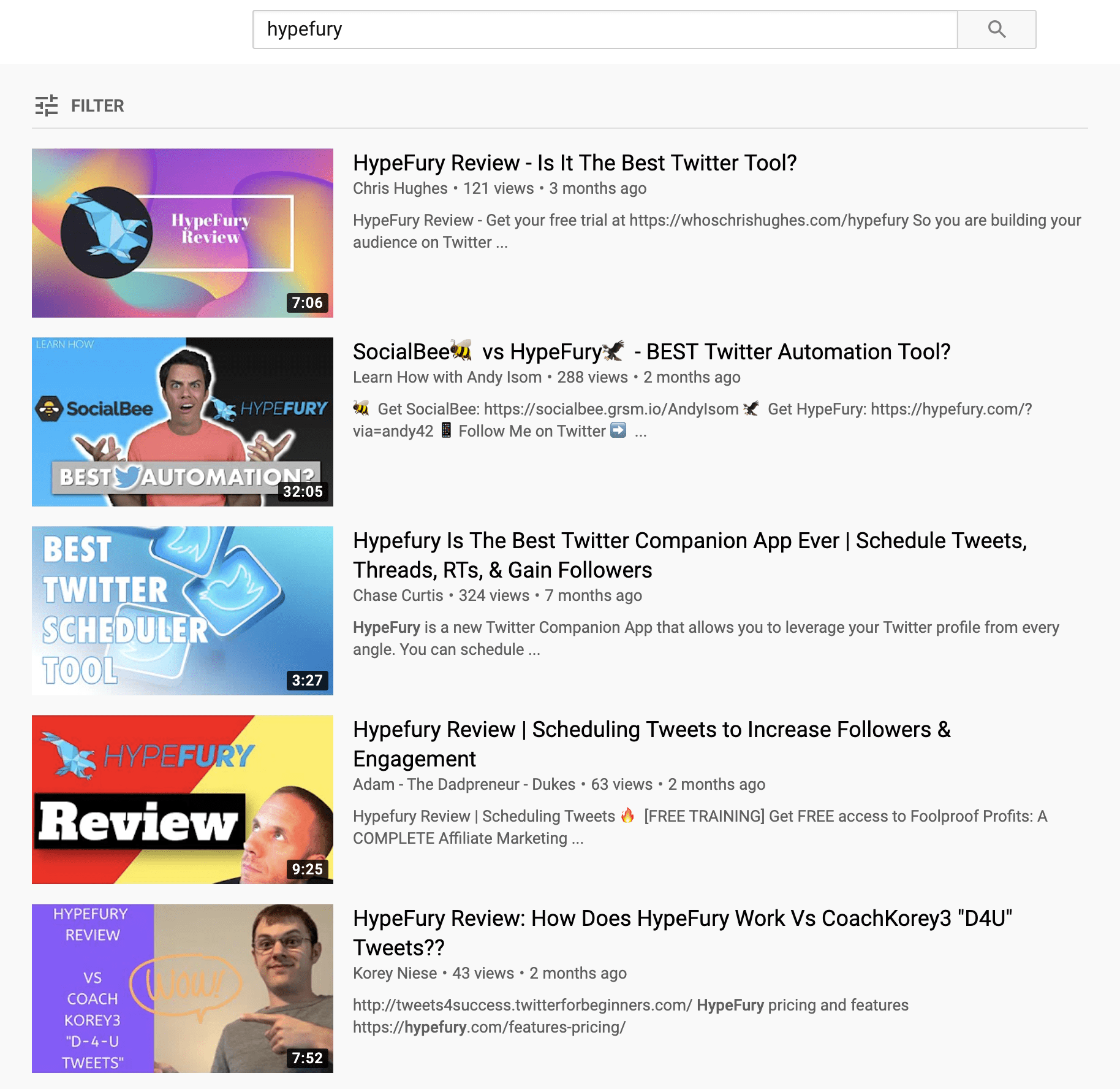YouTube results on Hypefury