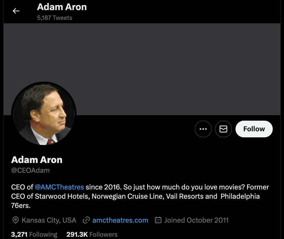 Adam Aron twitter bio
