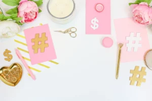 holiday hashtags and cards in pink
