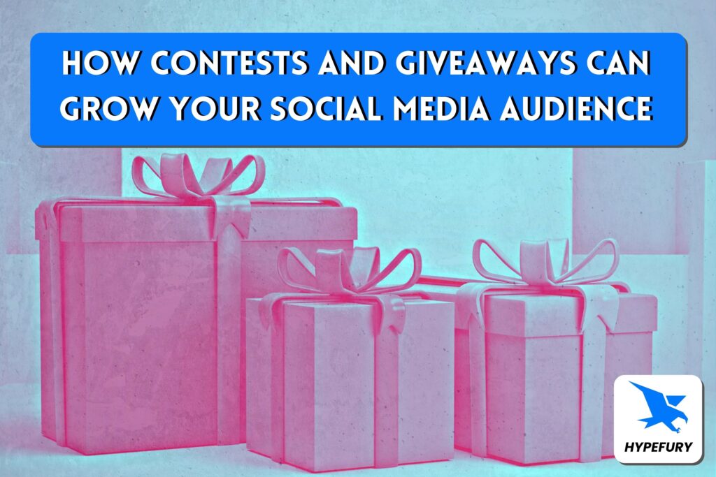 How contests and giveaways can grow your social media audience 27 pink gift boxes under a banner about contests and giveaways