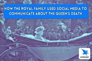 The queen in a royal carriage under a banner about social media