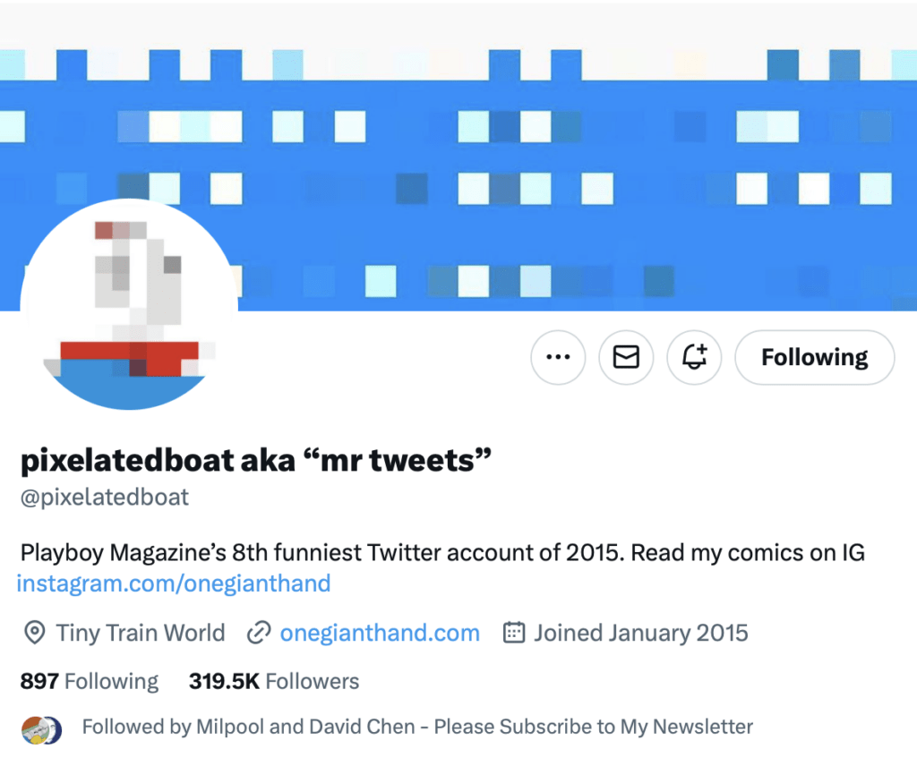 pixelated boat Twitter bio