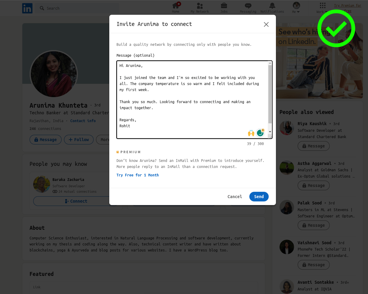 Personalized connection message request