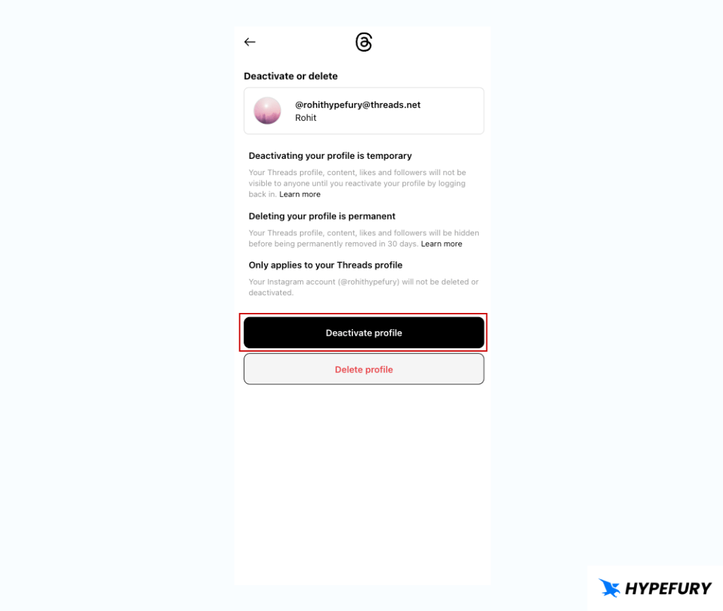 Deactivate Threads account