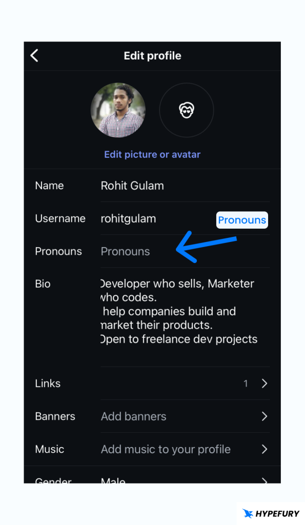 IG Profile Edit Page Pronouns