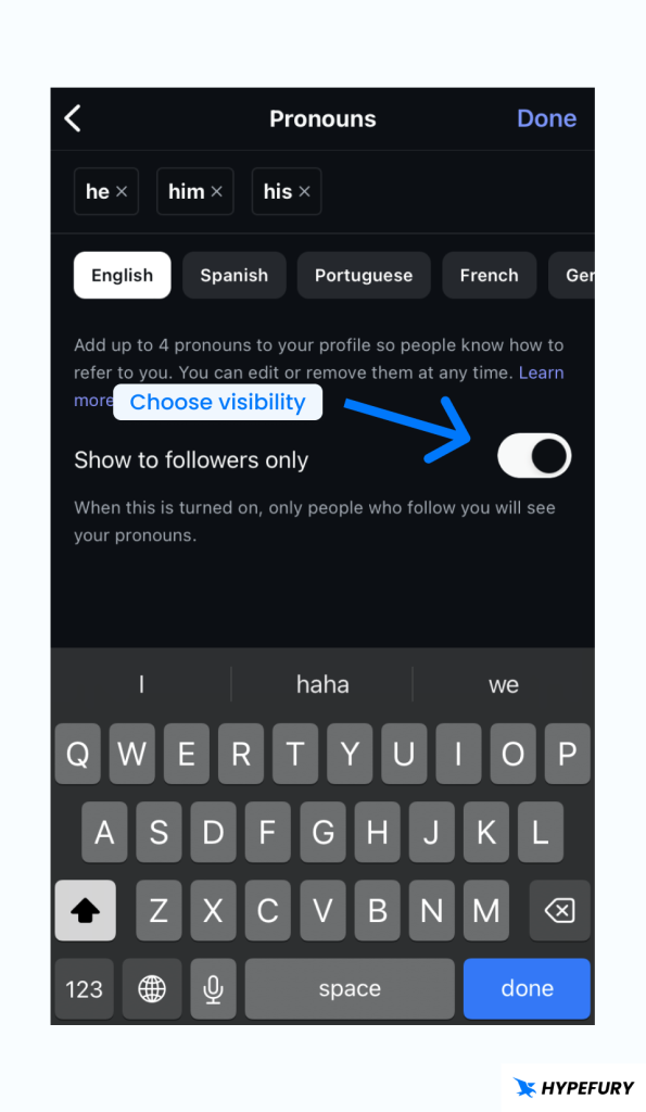 Instagram profile change pronouns visibility