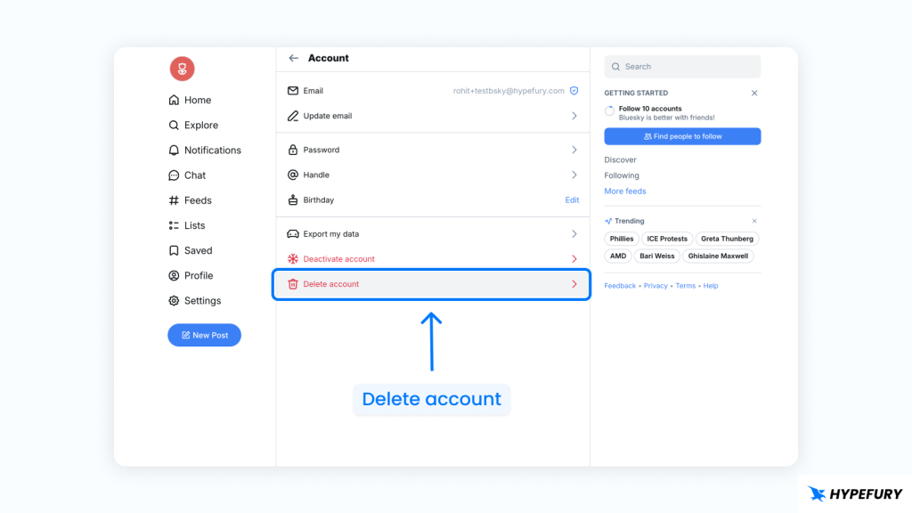Bluesky delete account