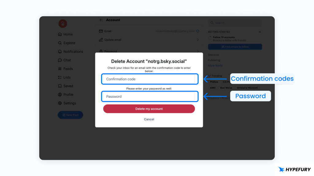 Bluesky delete account confirm code and password