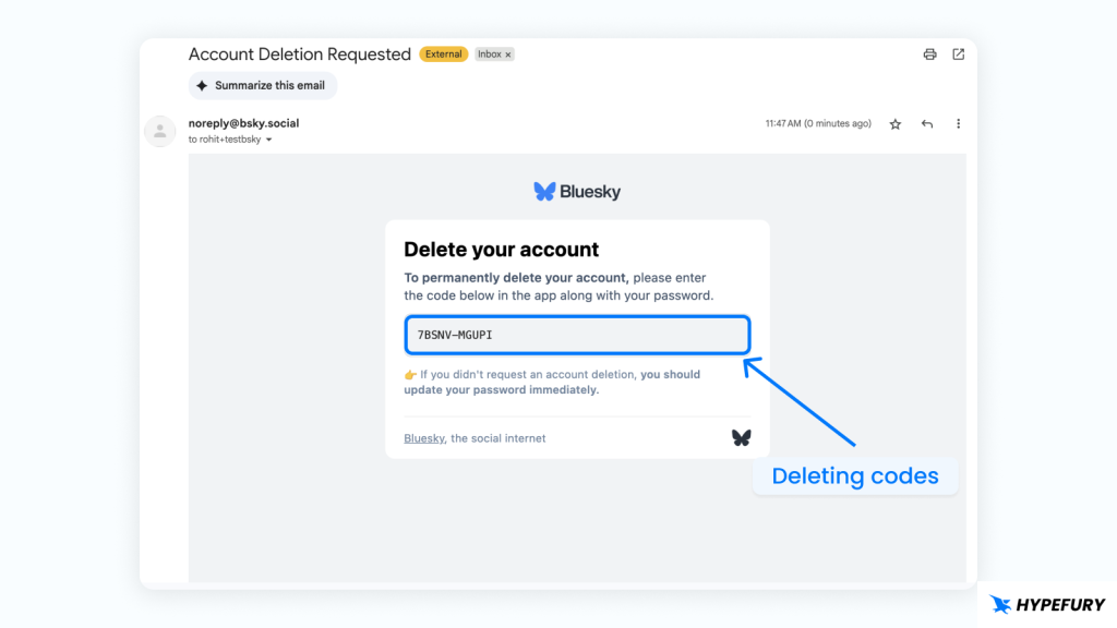Bluesky delete account confirmation codes email