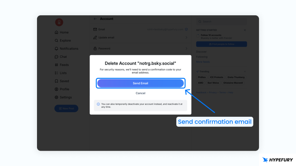 Bluesky delete account send email