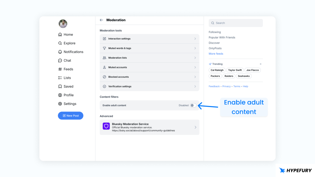 Enable adult content on Bluesky