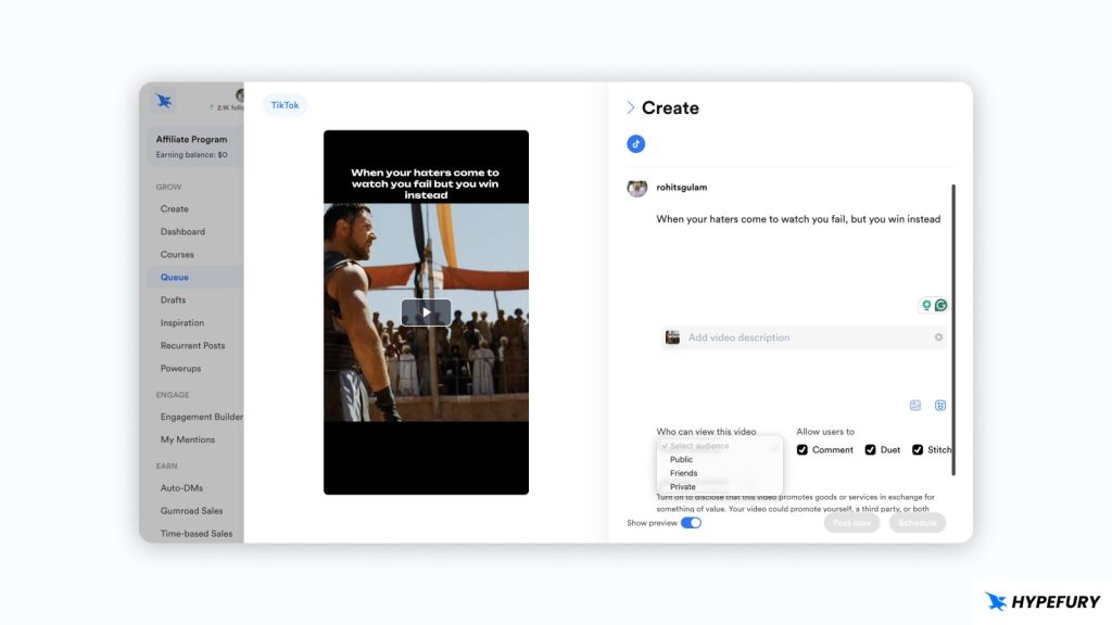 How To Schedule TikTok Posts for Free 10 Hypefury TikTok composer with video uploaded
