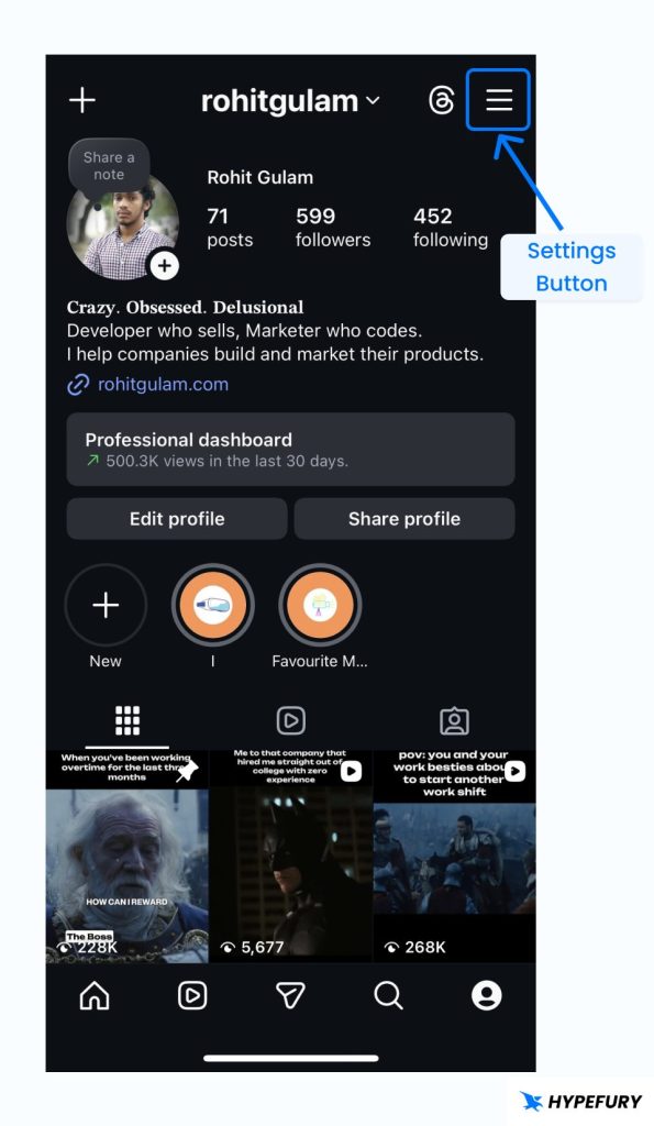Instagram profile settings button