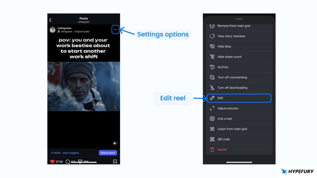 Open reel settings options