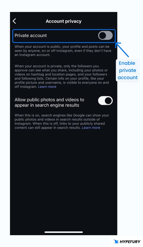 Instagram private account setting