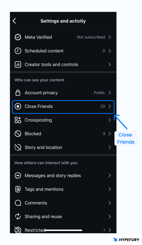Instagram settings close friends